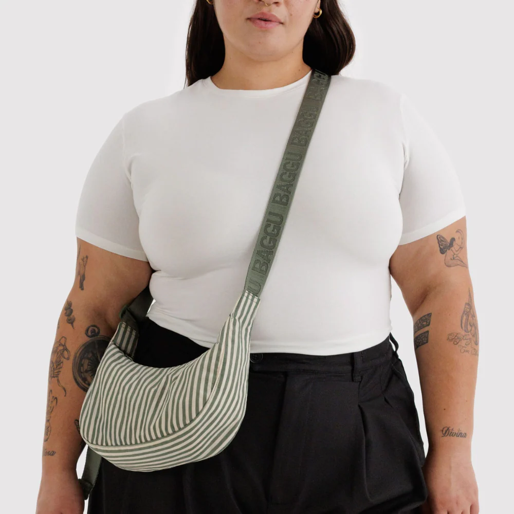 Baggu Small Nylon Crescent Bag Sage Stripe - Image 3
