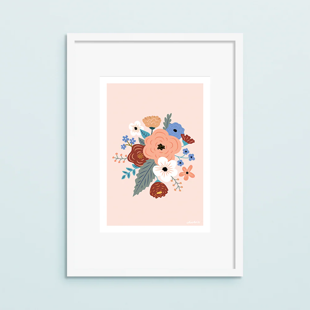Iko Iko A4 Art Print Bloom Bouquet Blue with Peach - Image 2