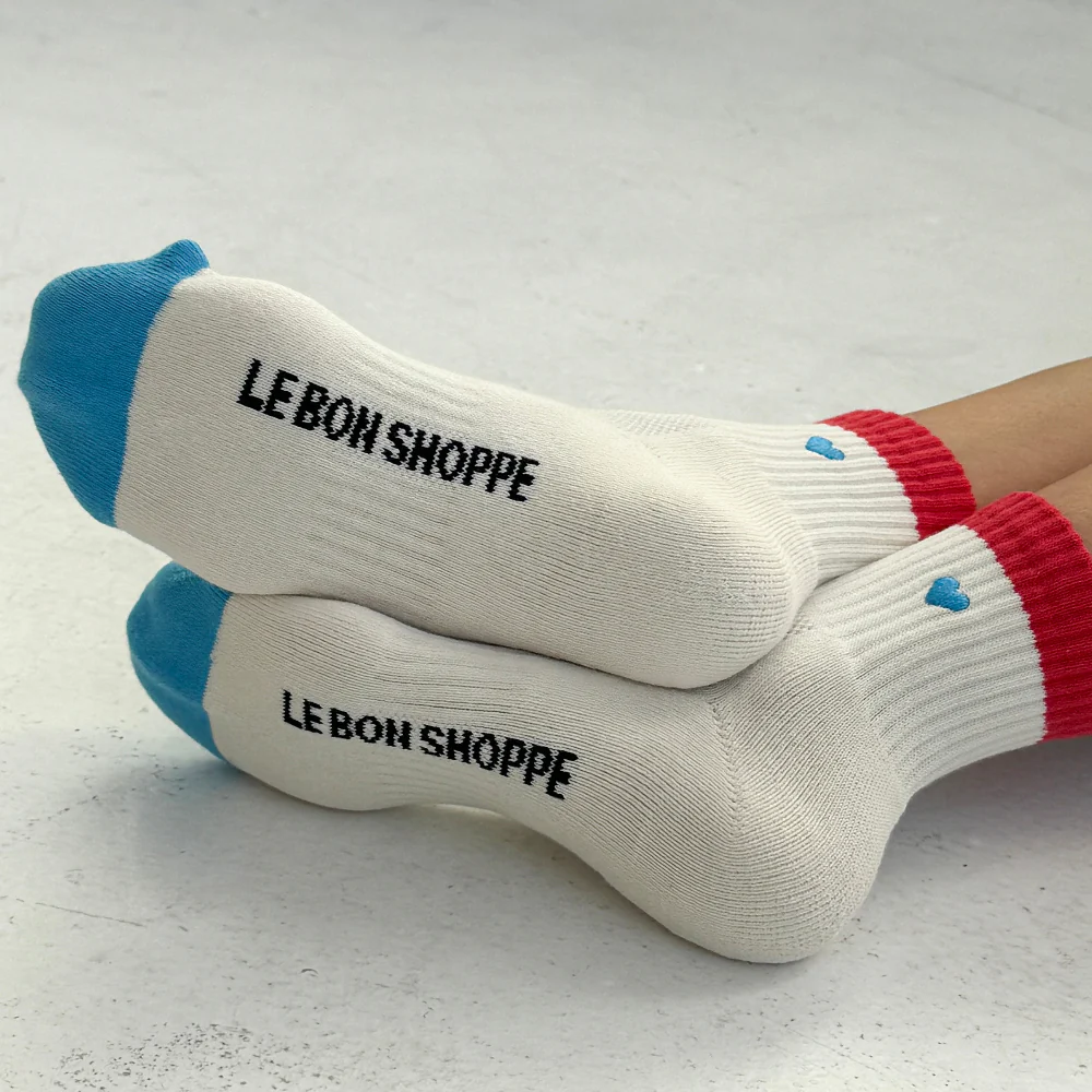 Le Bon Shoppe Girlfriend Socks Embroidered Colour Block Blue Red + Heart - Image 5