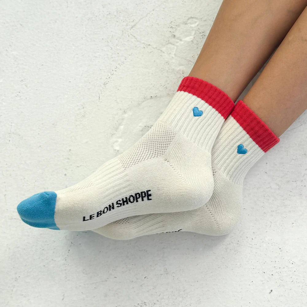 Le Bon Shoppe Girlfriend Socks Embroidered Colour Block Blue Red + Heart - Image 6