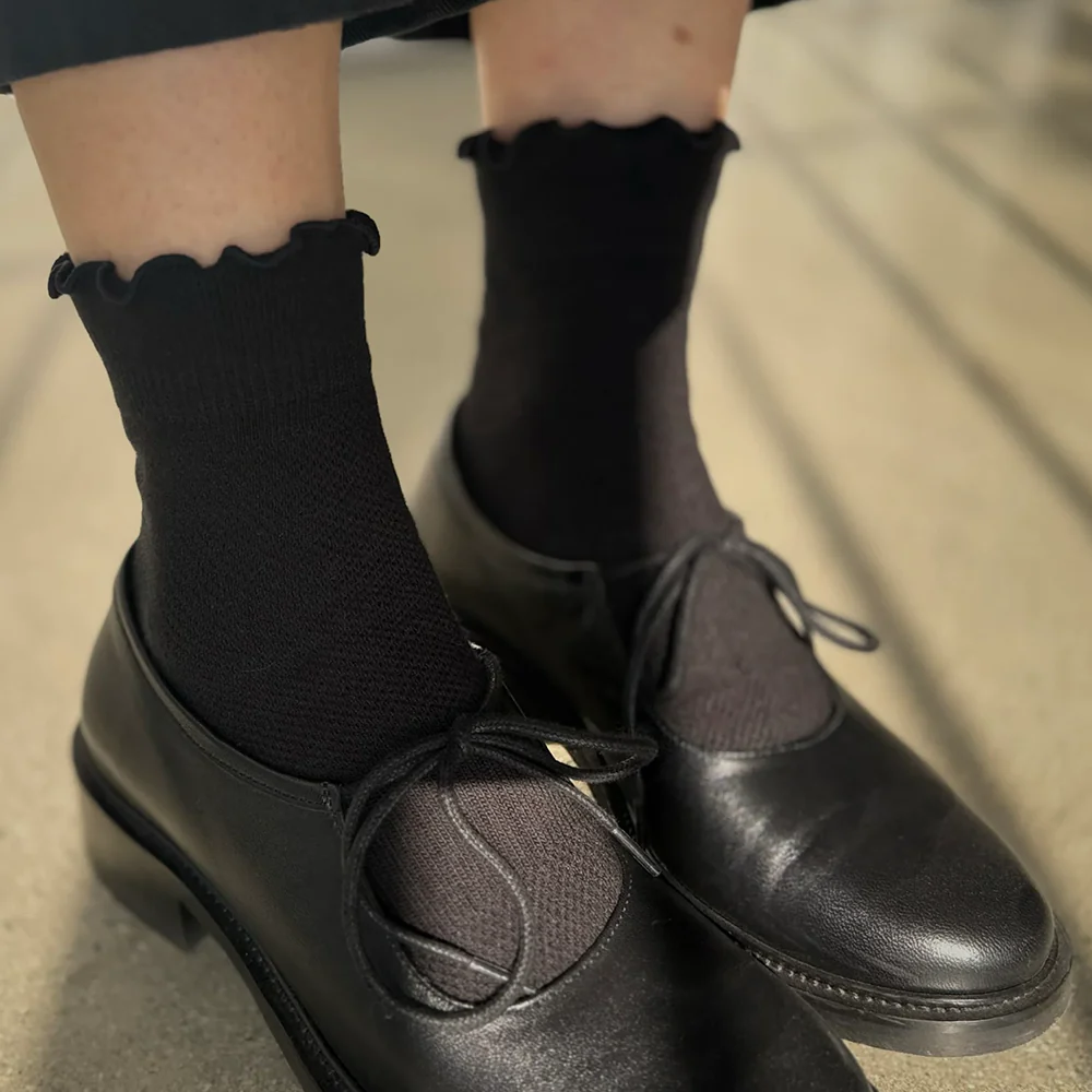 Le Bon Shoppe Ruffled Hugger Crew Socks Black - Image 2