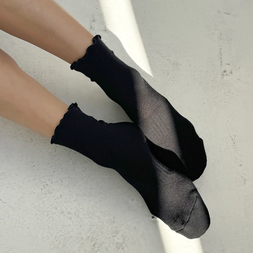 Le Bon Shoppe Ruffled Hugger Crew Socks Black - Image 5