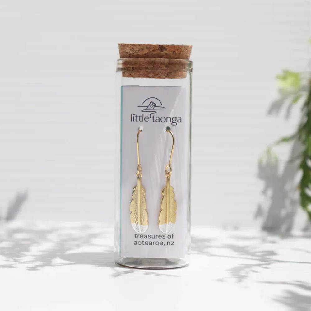 Little Taonga Earrings Huia Feather Gold with Silver Tip - Image 3