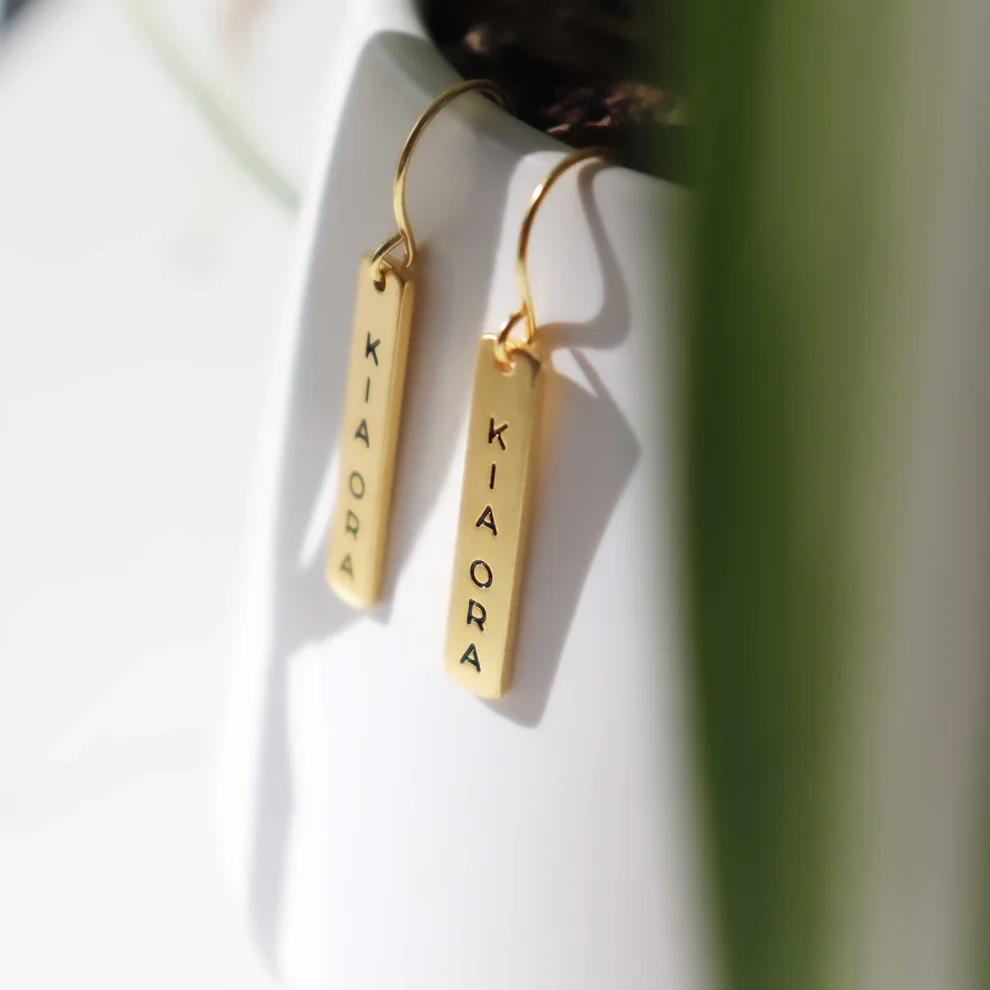 Little Taonga Earrings Te Reo Kia Ora Gold - Image 2