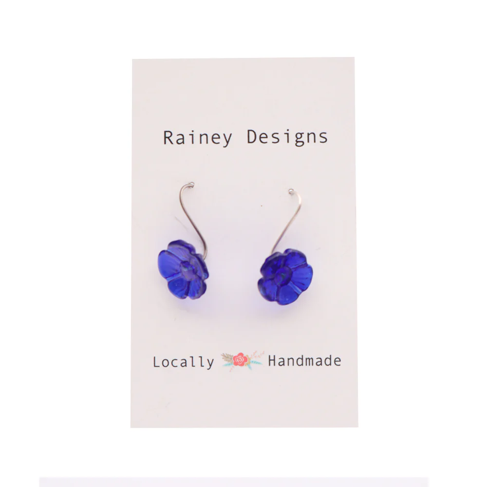 Rainey Designs Glass Floral Drop Earrings Hydrangea Blue