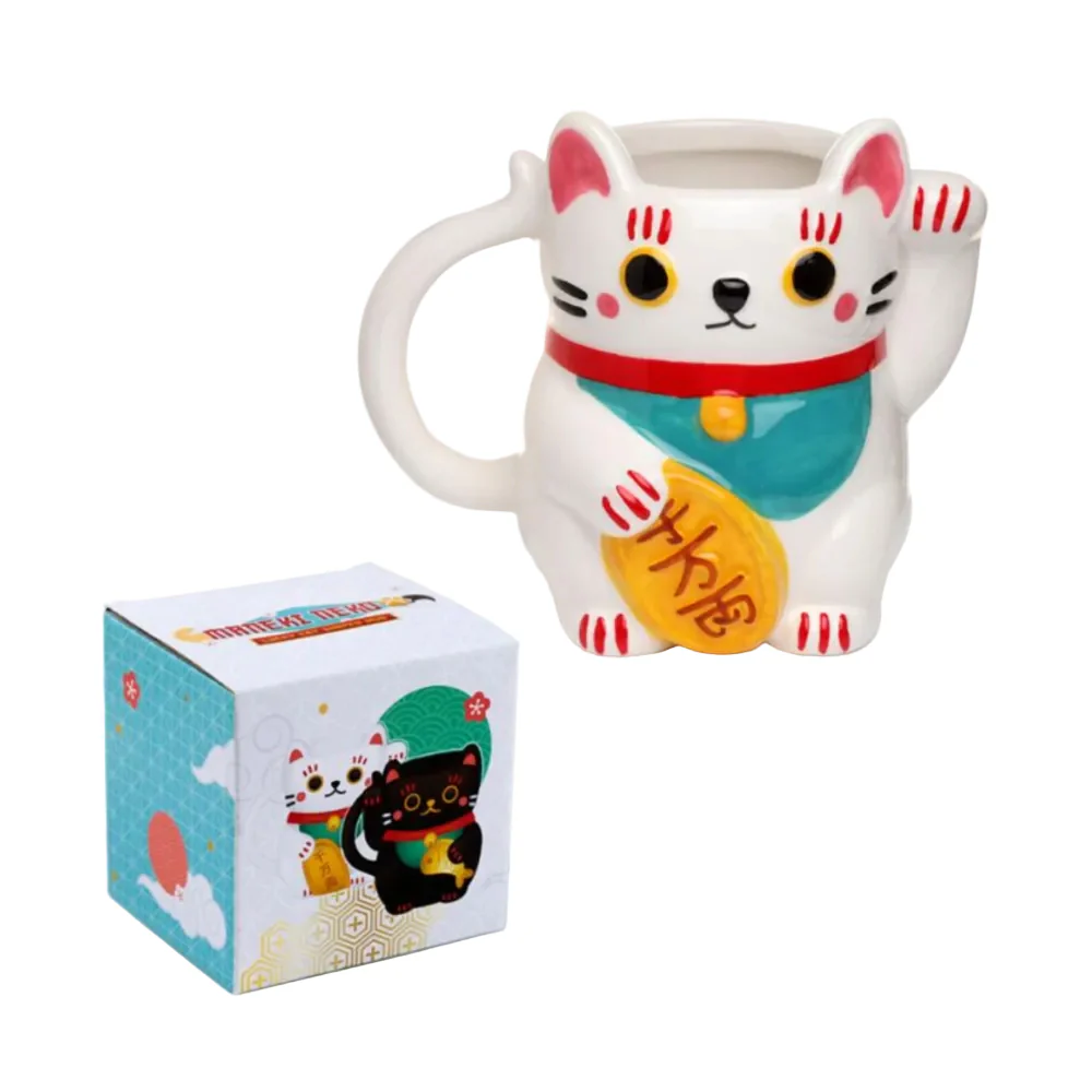 White Maneki Neko Lucky Cat Ceramic Shaped Mug - Image 2