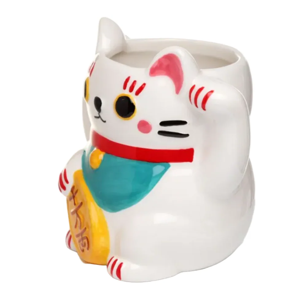 White Maneki Neko Lucky Cat Ceramic Shaped Mug - Image 3