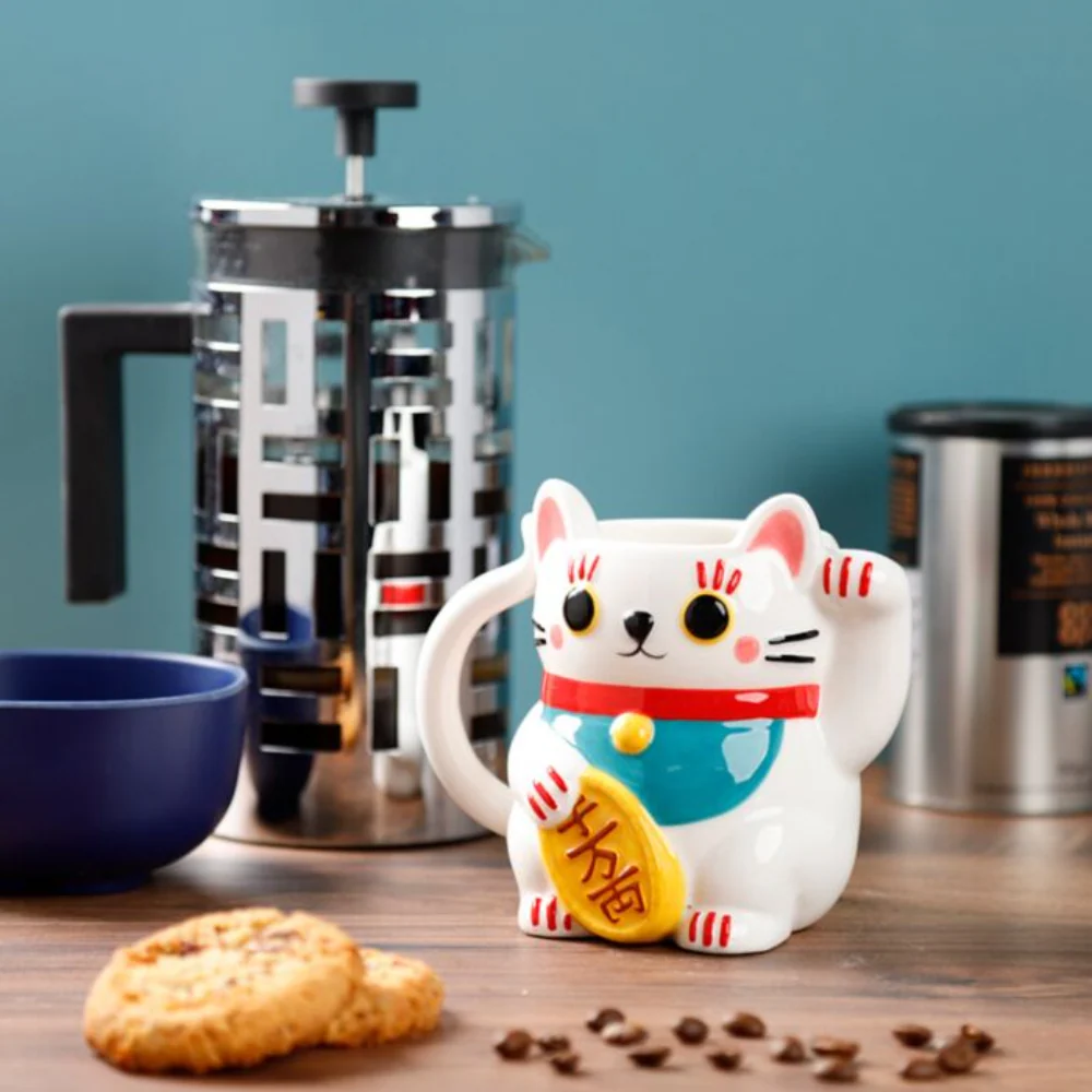 White Maneki Neko Lucky Cat Ceramic Shaped Mug - Image 5